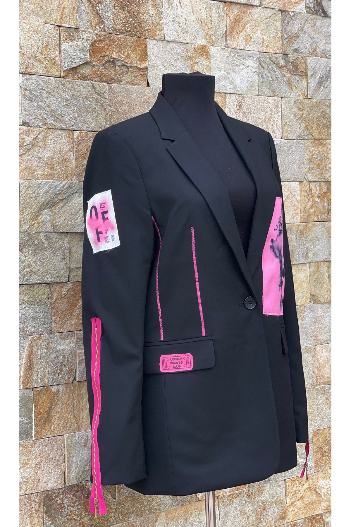 Sacou Damă Pink Love Handmade, Design Graffiti Art-Pop cu Fermoare Neon și Aplicații Custom, Negru - imagine 4