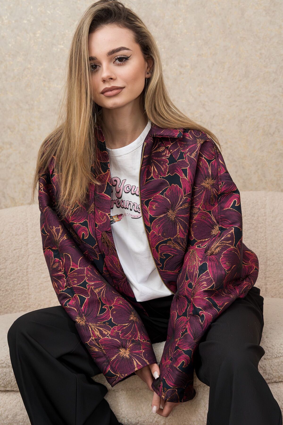 Geacă Bomber Damă Brocart Floral