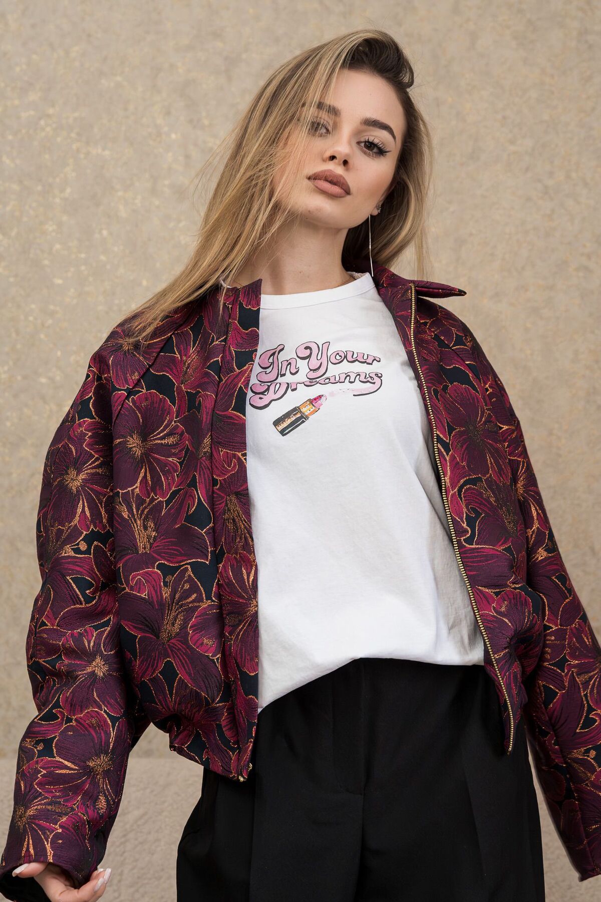 Geacă Bomber Damă Brocart Floral - imagine 3
