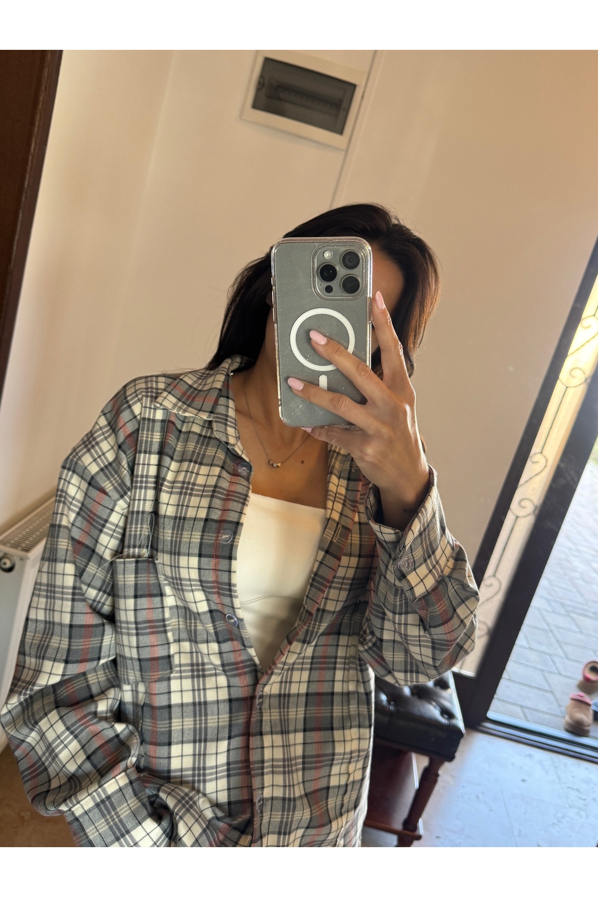 Cămașă Oversized în Carouri cu Textură Flanelată