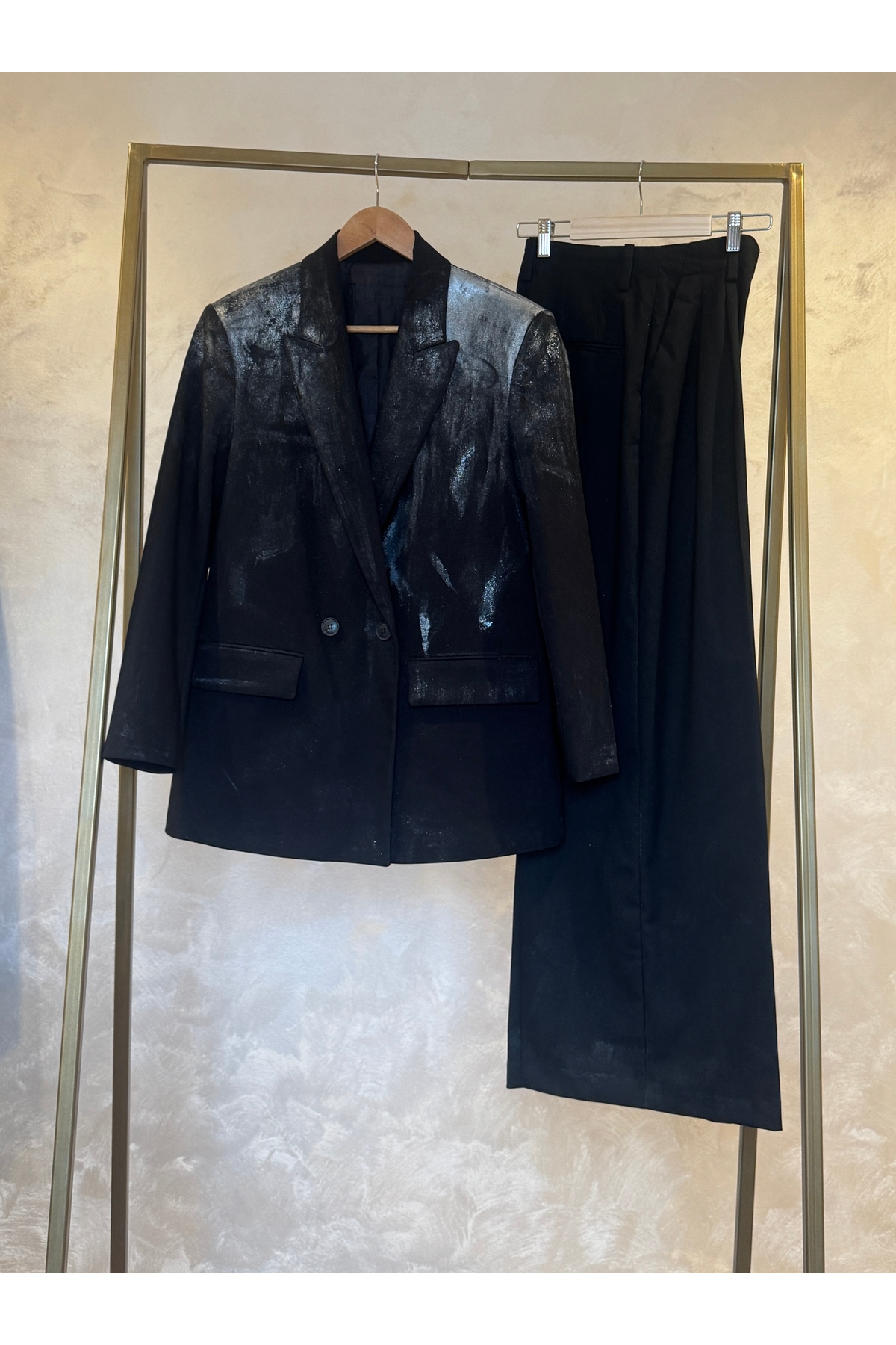 Set Damă Silver - Sacou Oversized Texturat & Pantaloni Evazați