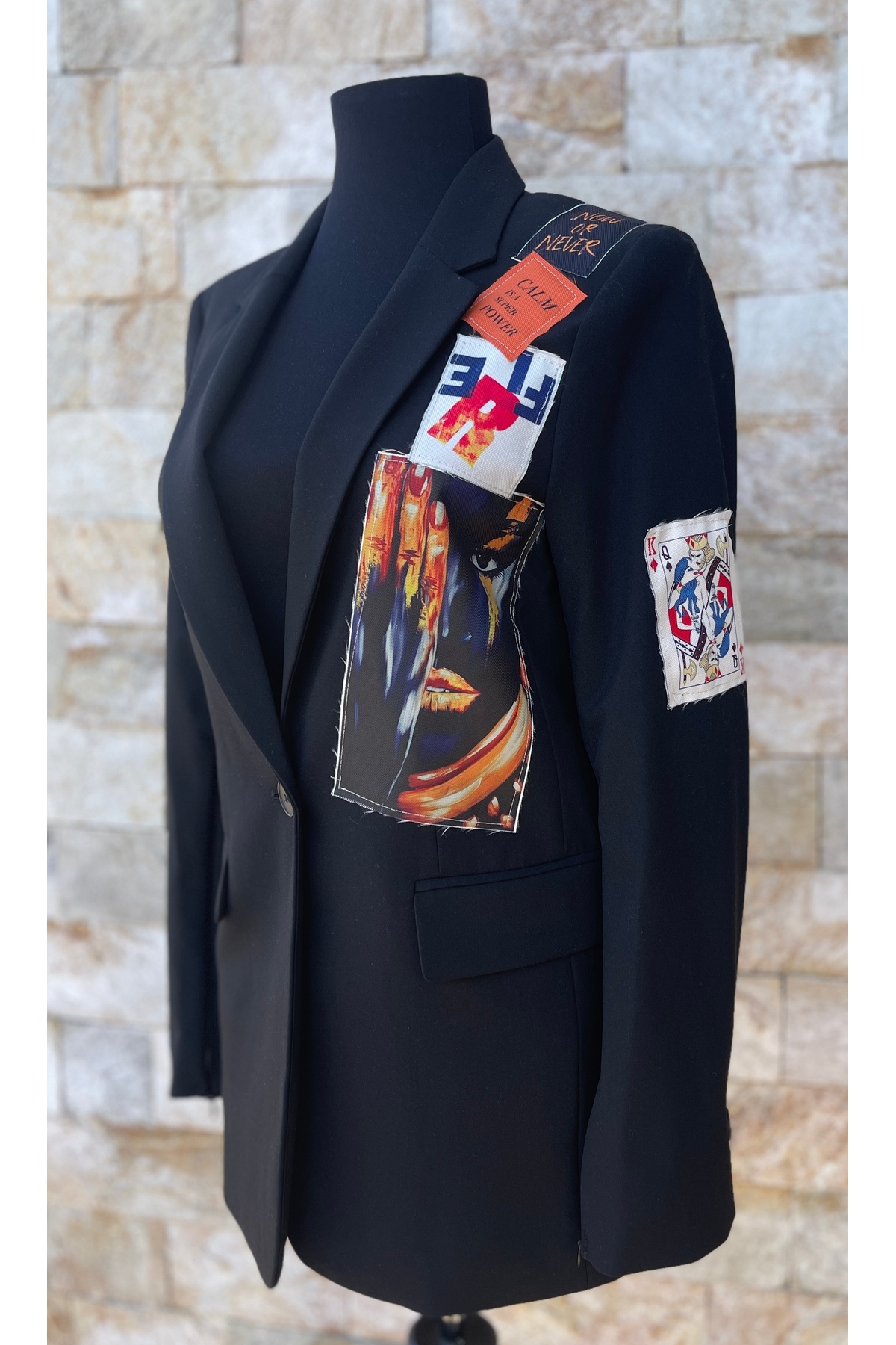 Sacou Damă QK Handmade, Design Pop-Art cu Aplicații Multi-Grafice, Negru - imagine 2