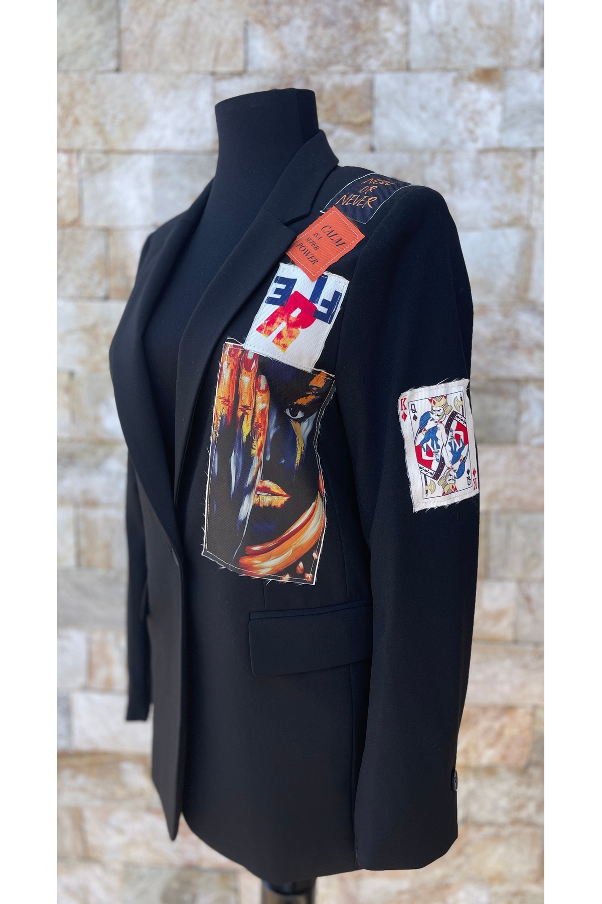 Sacou Damă QK Handmade, Design Pop-Art cu Aplicații Multi-Grafice, Negru - imagine 6