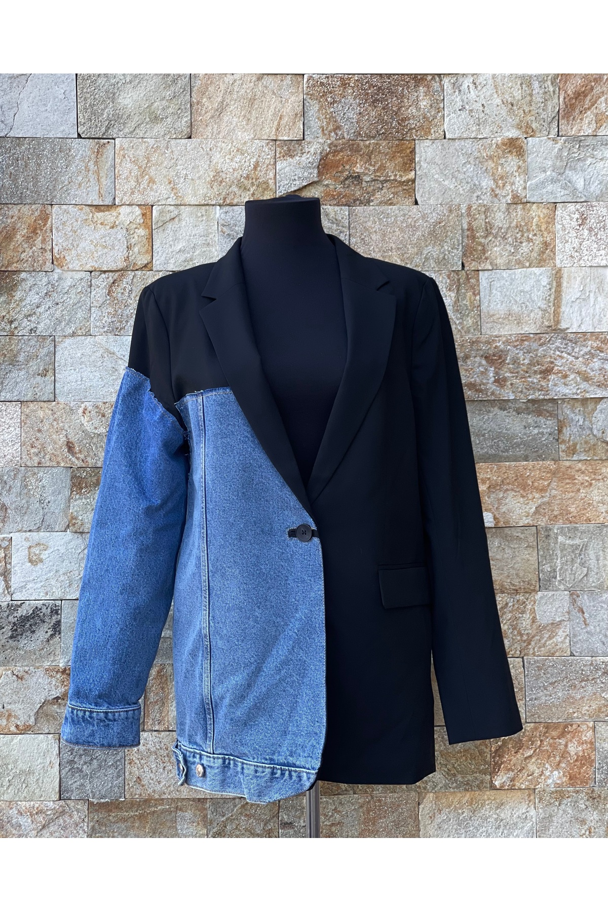 Sacou Damă Black Denim Handmade, Design Hibrid, Negru/Albastru