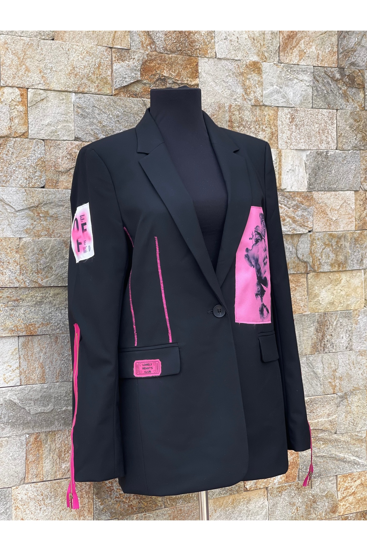 Sacou Damă Pink Love Handmade, Design Graffiti Art-Pop cu Fermoare Neon și Aplicații Custom, Negru - imagine 2