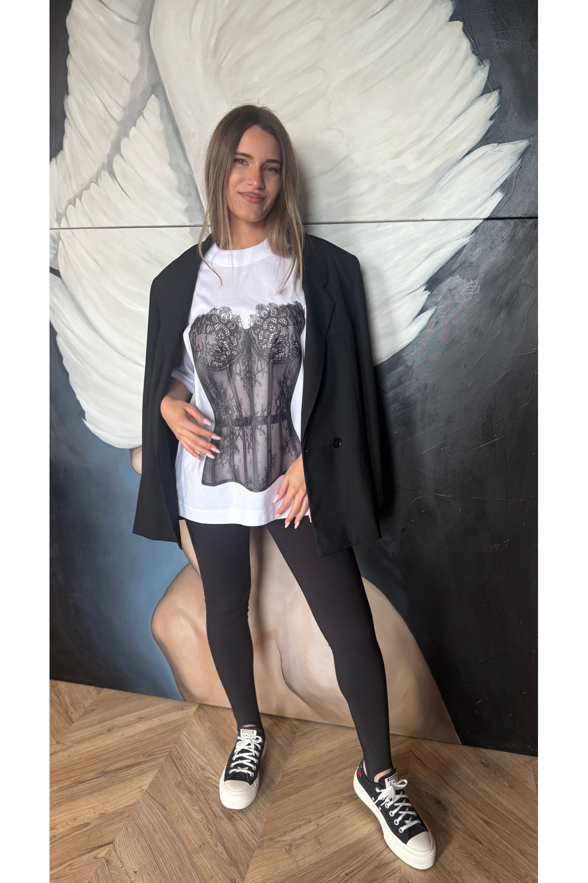 Tricou Oversize din Bumbac Organic cu Imprimeu Corset Artistic - imagine 2